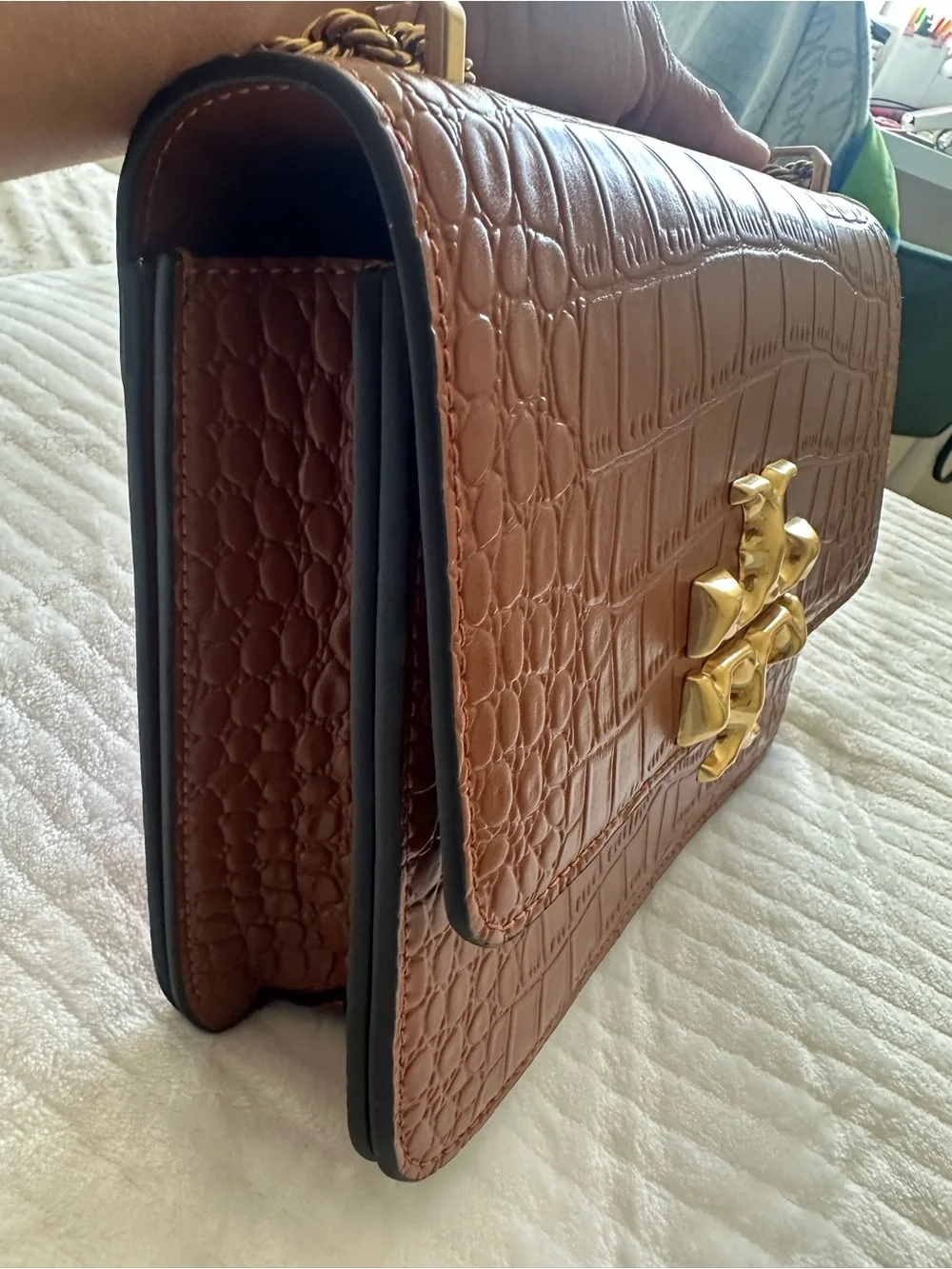 Tory Burch Croc-Embossed Leather Shoulder Bag in Brown with Gold Hardware